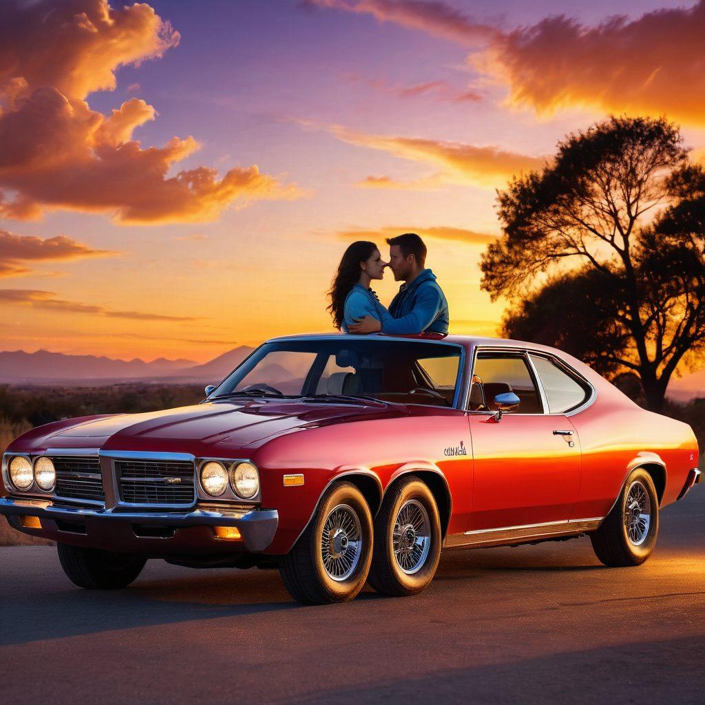 A passionate couple embracing while standing next to a sporty, sleek car, symbolizing love and adventure. Soft glowing hearts and insurance icons floating around them, creating a playful yet informative atmosphere. The backdrop features a sunset with vibrant colors reflecting on the car’s surface. Include elements of trust and security, such as a shield or lock. super-realistic. vibrant colors. 3D.