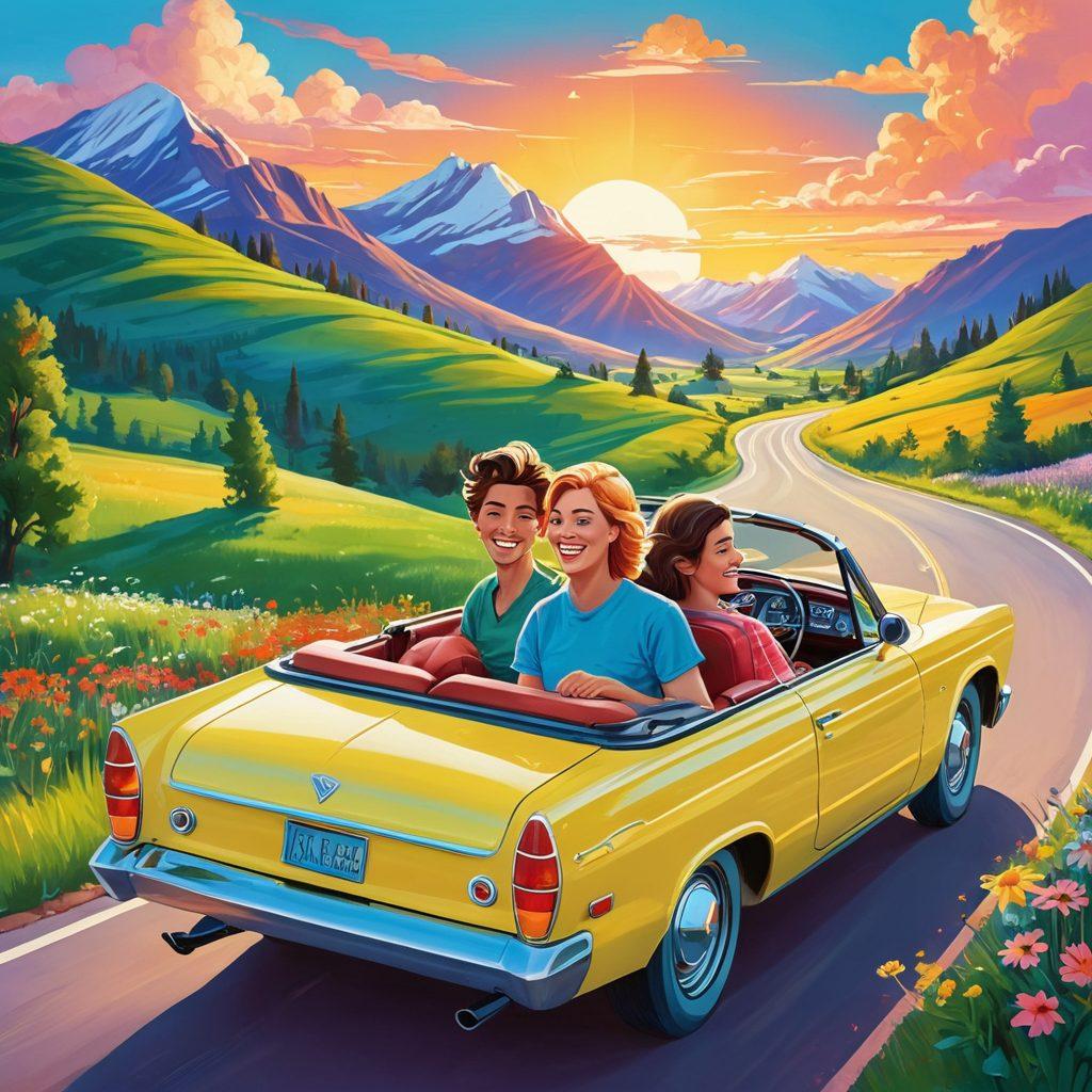 A whimsical scene of a couple joyfully exploring the open road in a stylish convertible, surrounded by beautiful scenic landscapes. Their smiles reflect love and adventure, while a burst of colorful car insurance icons float around them, symbolizing affordability and sexy options. The sky is bright blue, and the sun shines down, creating a cheerful atmosphere. Illustrative art style with bold and vibrant colors.
