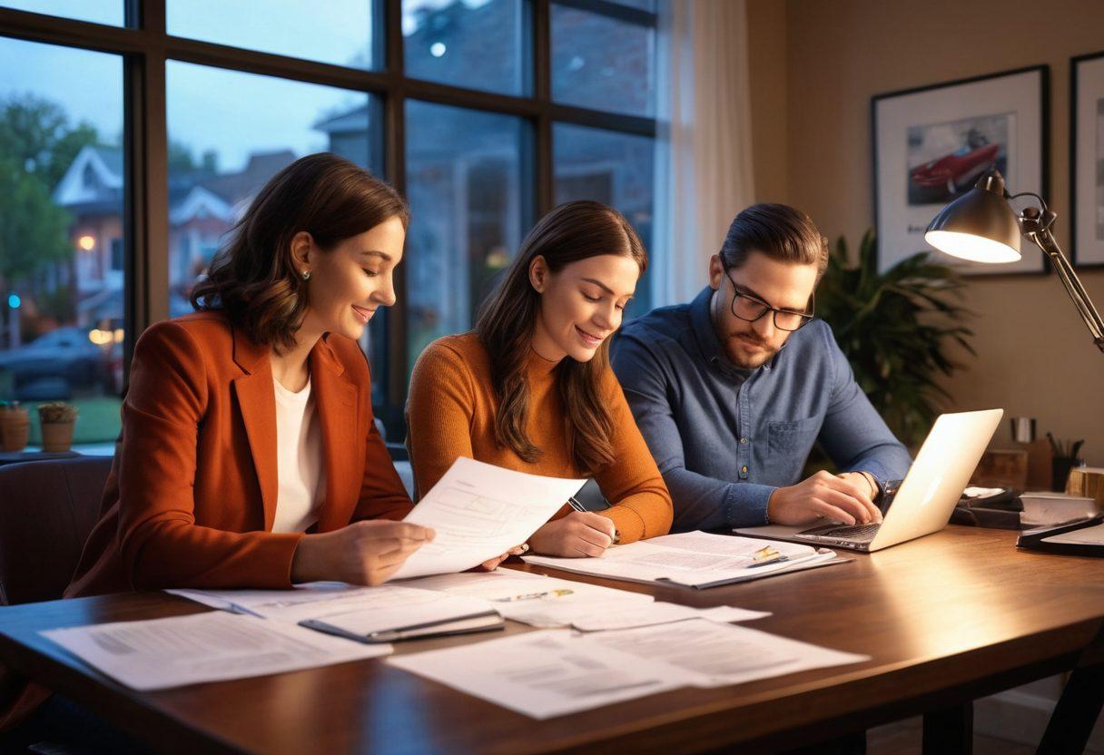 A loving couple discussing car insurance options in a cozy home office, surrounded by paperwork and a laptop displaying a custom car insurance plan. In the background, an array of stylish cars can be seen outside the window, symbolizing their different interests. Warm lighting creates an inviting atmosphere. super-realistic. vibrant colors. cozy setting.